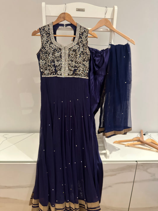 Preloved navy blue anarkali suit 3 piece set