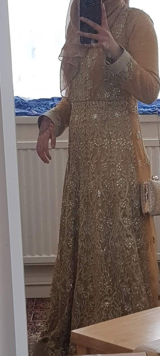 Gold long gown dress with silver and gold embellishments