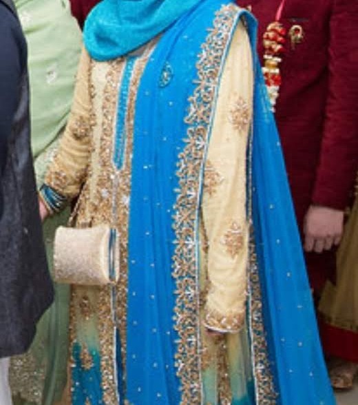 Blue & Gold Dress with Elegant Trail - Asian Wedding Outfit