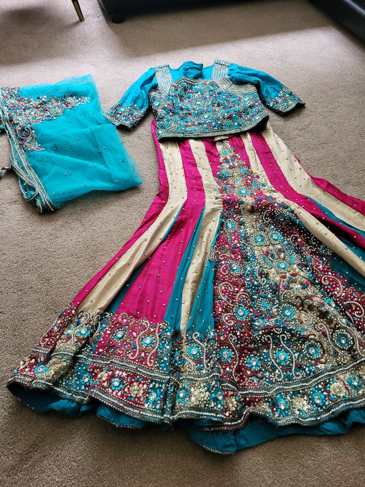 Turquoise, Pink and Gold Heavy Indian Lehenga