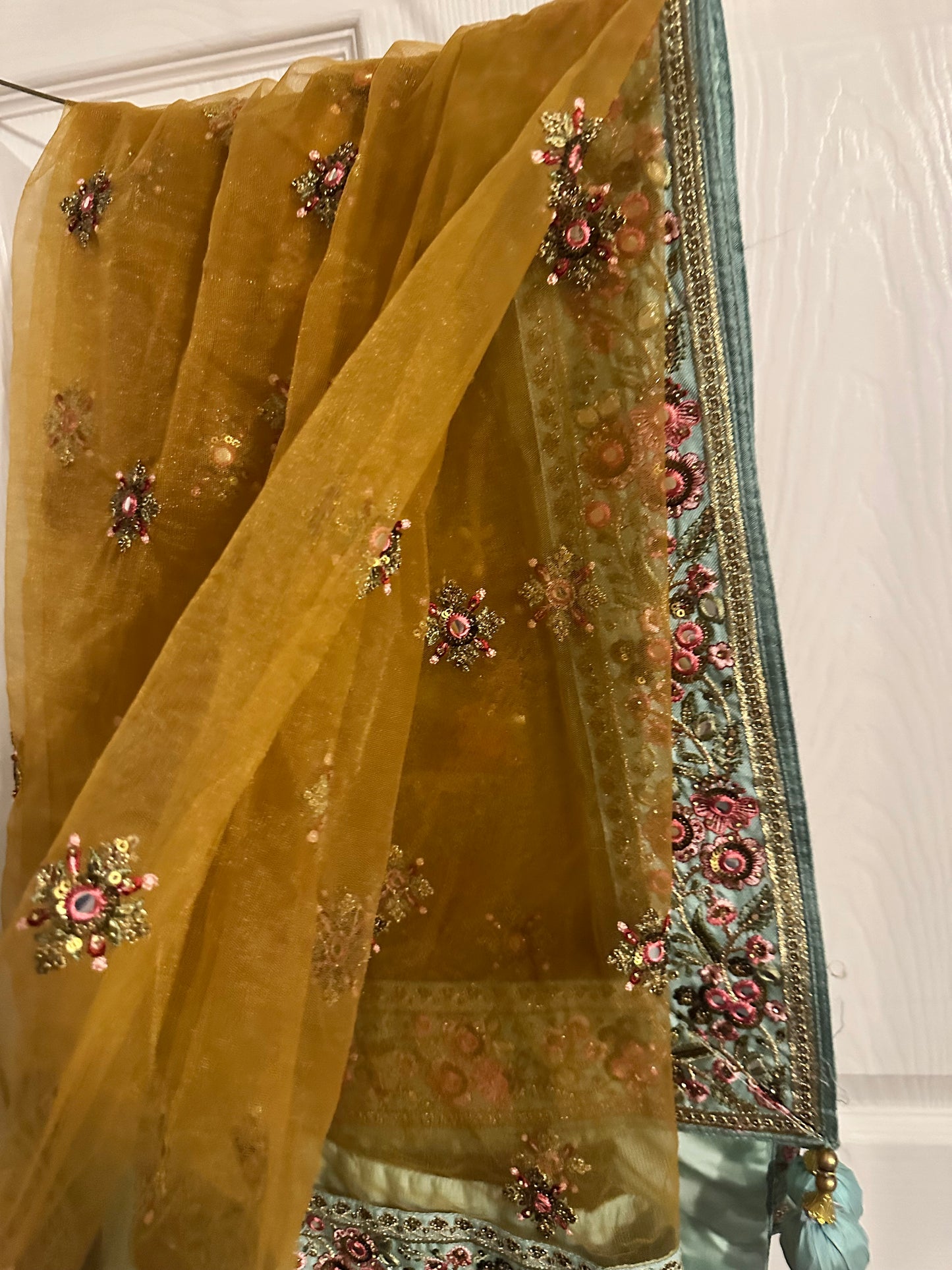 Large Light blue lehenga with pink flower detail