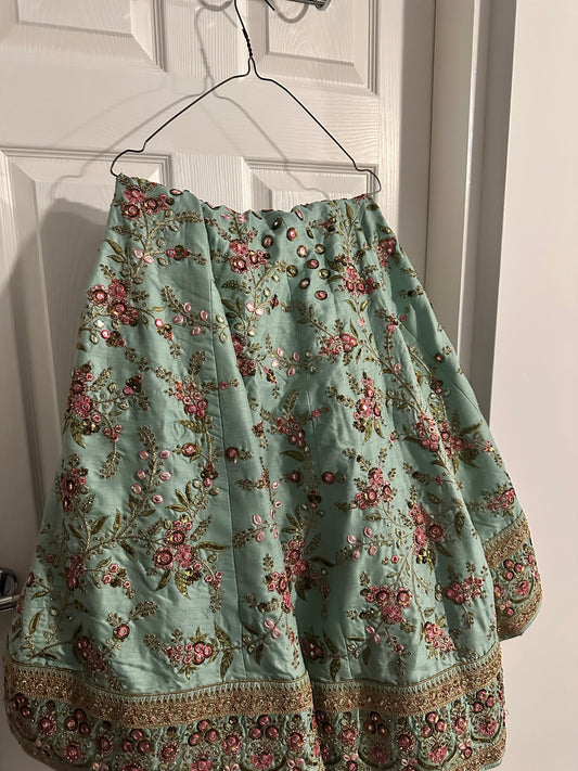 Large Light blue lehenga with pink flower detail