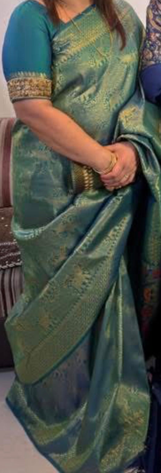Turquoise and Gold Silk Saree