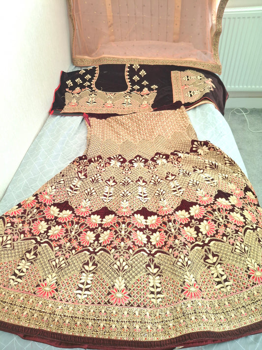 Burgundy velvet lehenga