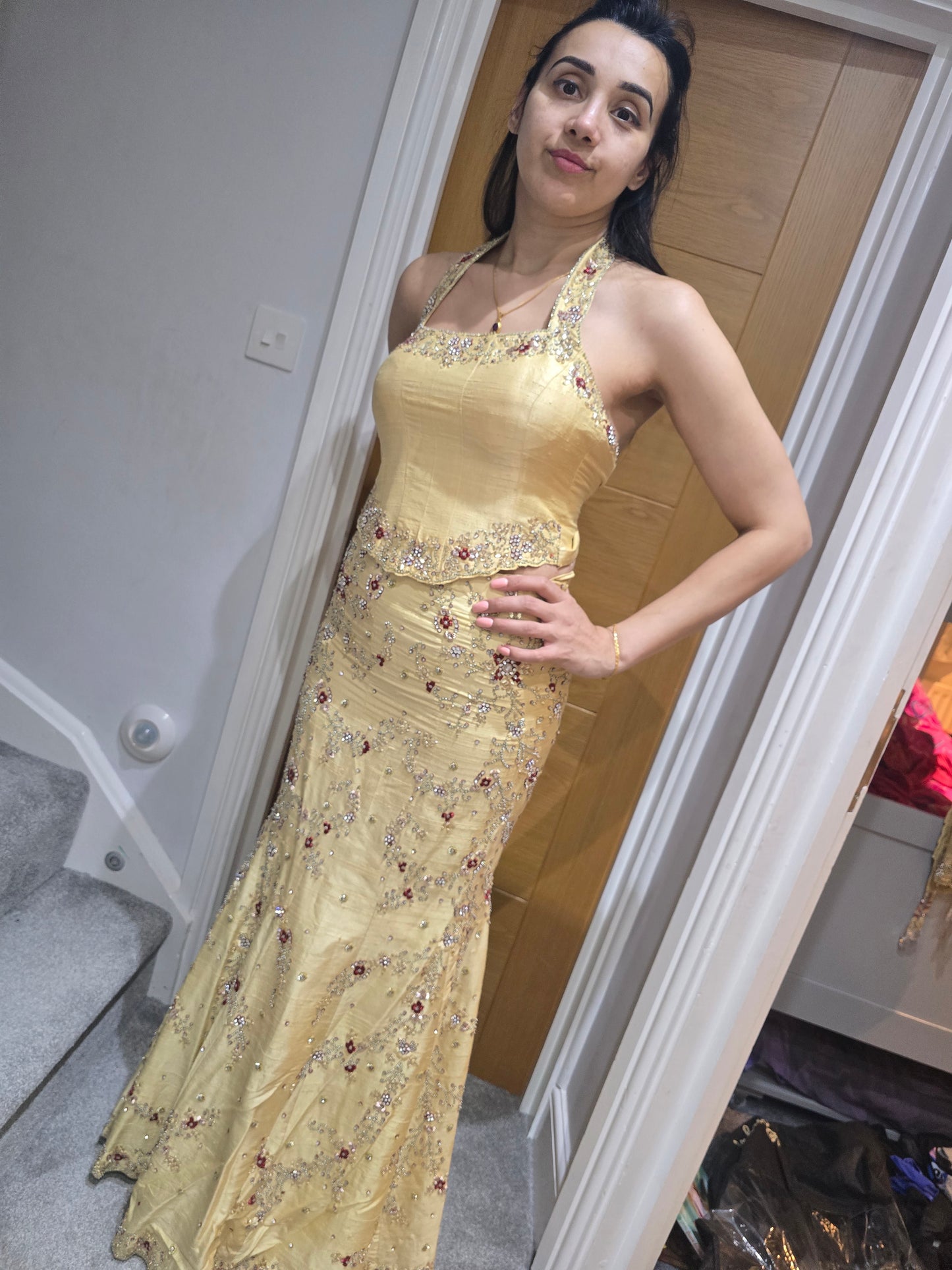 Gold silk halter neck length size 8