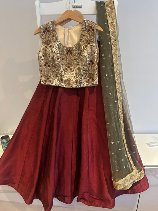 Classic preloved burghandy lehenga with cream embroidered top