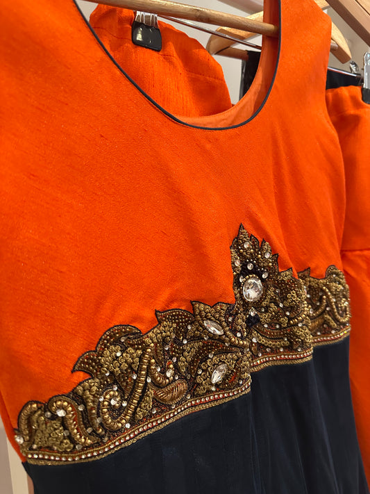 Preloved orange and navy anarkali suit set.