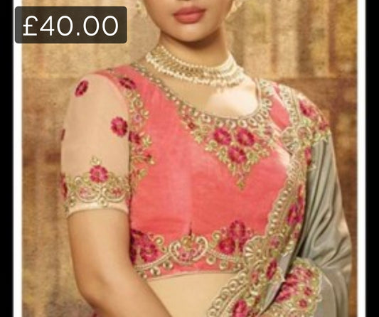 Beige / Pink Embroidered 3 piece Saree set