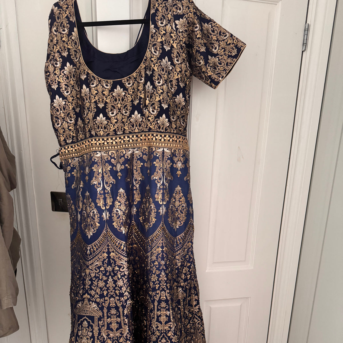 Elegant Navy & Gold Brocade Maxi Dress