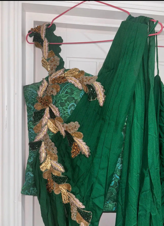 Emerald green corset sari with embroidery