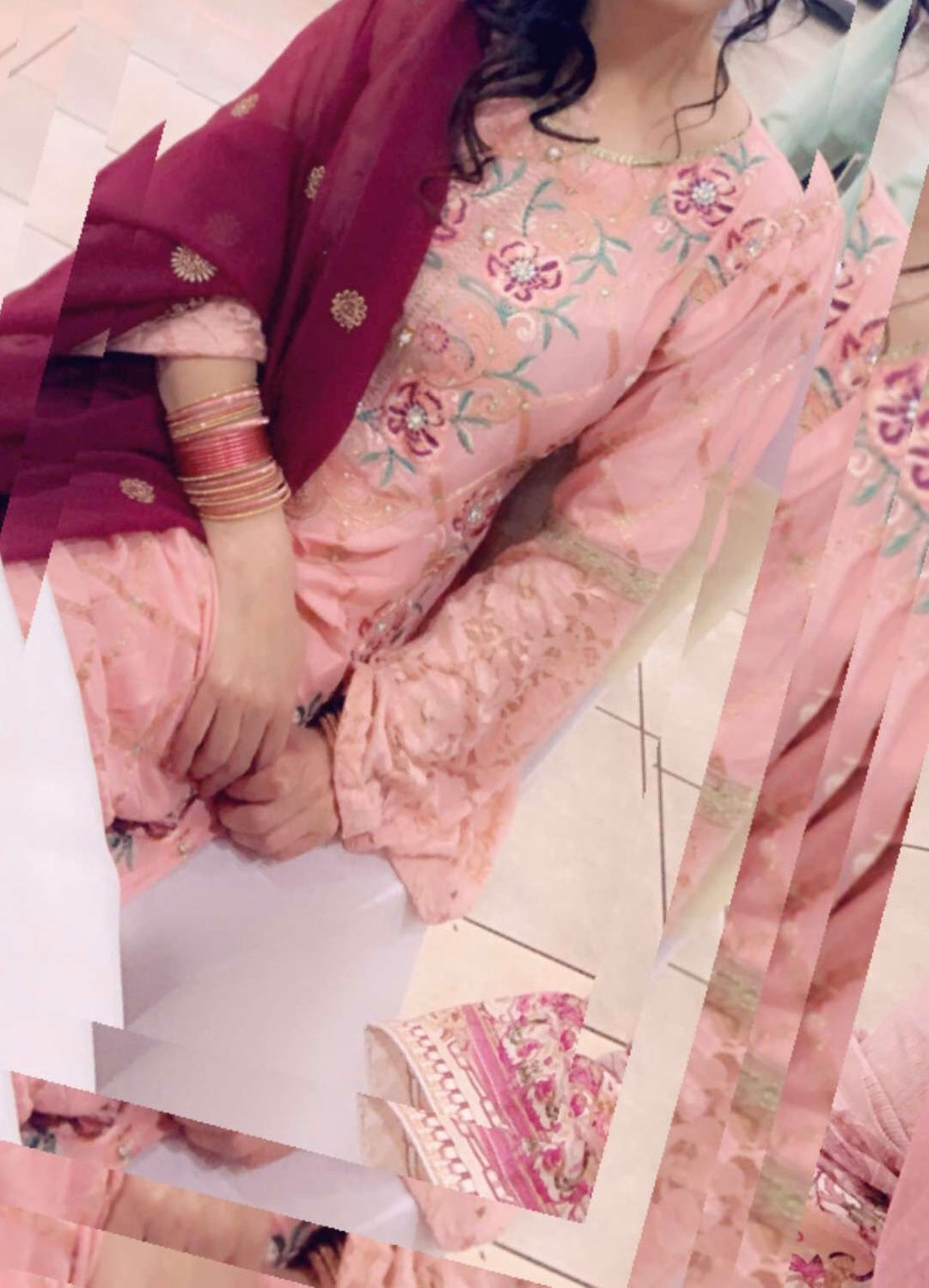 Elegant Baby Pink Embroidered Pakistani Shalwar Kameez Suit with Contrasting Maroon Dupatta