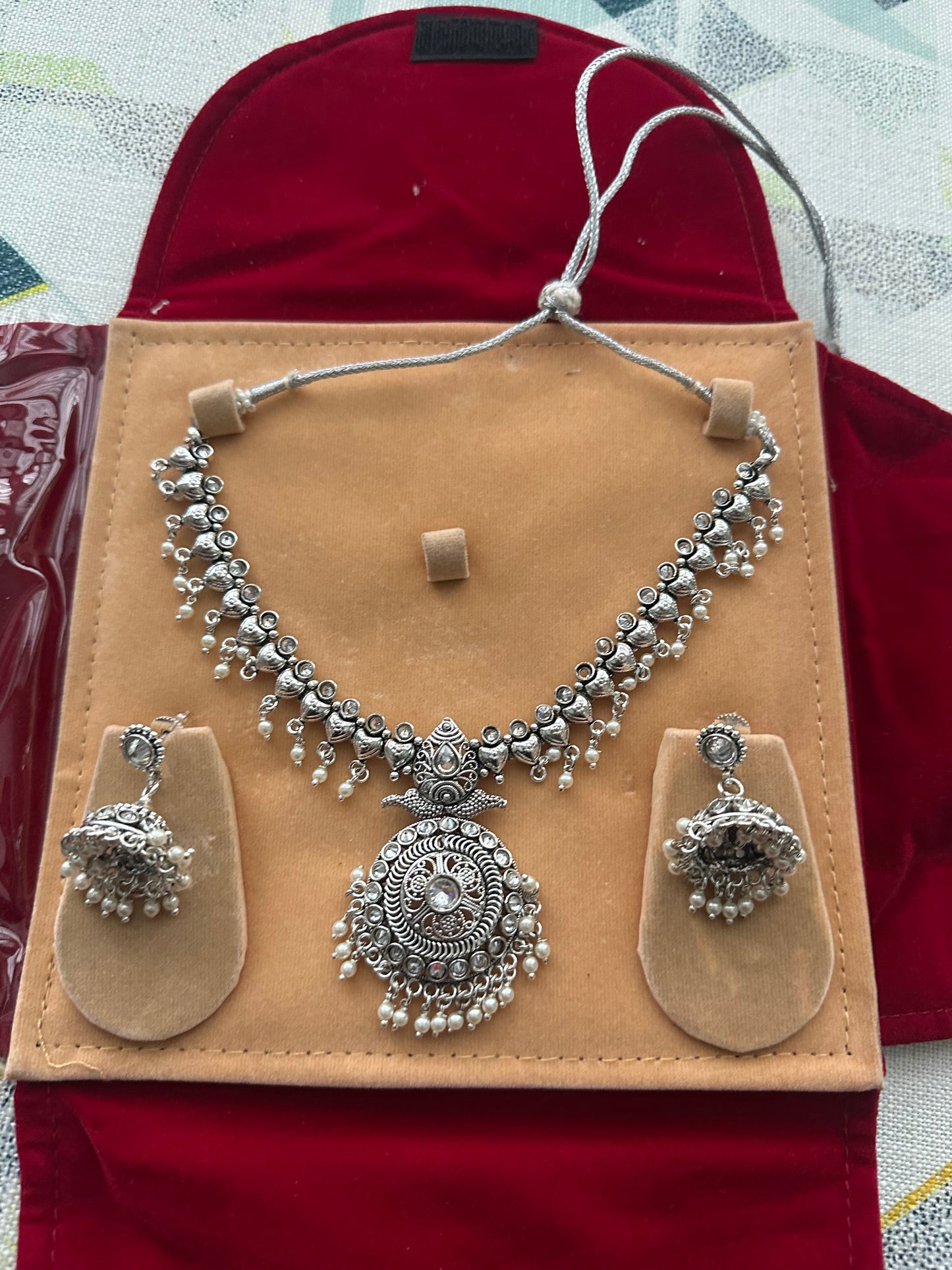 The Jewellery Trunk Jhumka earrings silver and pendant necklace