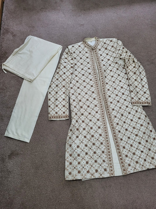 Mens Off White/Cream Embellised and Embroidered Sherwani