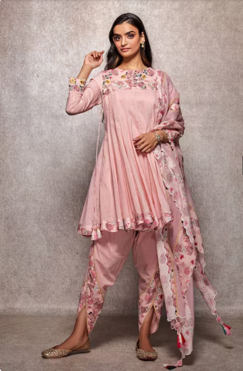 Ajiesh Oberoi Pink Kota Doria, Mulmul Round Embroidered Kurta And Dhoti Pant Set