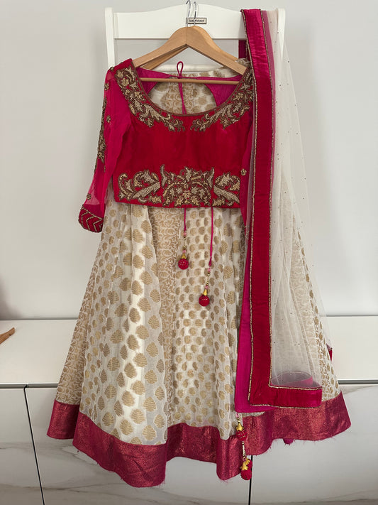 Preloved cerise velvet lehenga with cream silk skirt