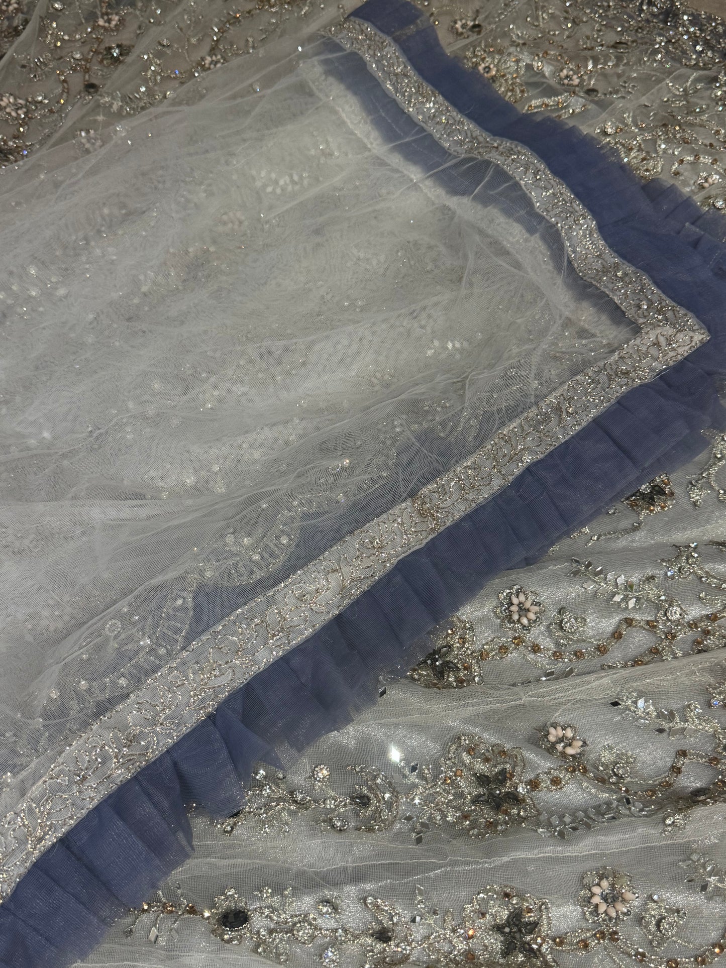 Luxury Silver Grey Embellished Maxi Dress – Heavy Bridal Style with Matching Dupatta