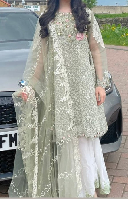 Elegant Pista Green Pakistani Formal Wear: Kameez Sharara Suit with Intricate Lace & Embroidery