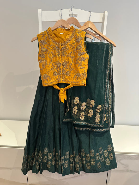 Preloved dark green and yellow antique gold lehenga