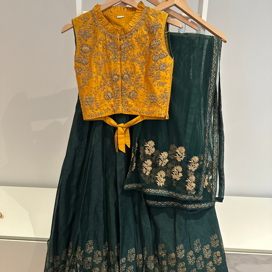 Preloved dark green and yellow antique gold lehenga
