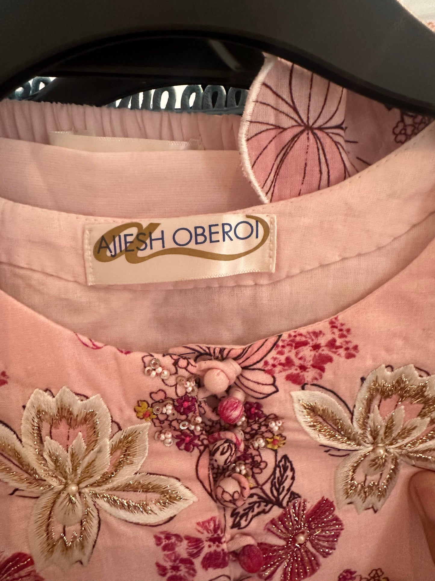 Ajiesh Oberoi Pink Kota Doria, Mulmul Round Embroidered Kurta And Dhoti Pant Set