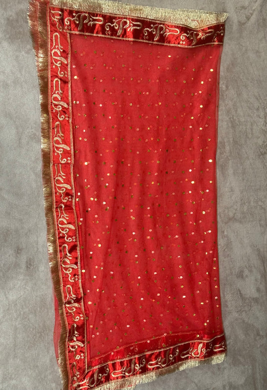 Red & Gold Embellished Dupatta – Traditional Punjabi/Indian Full Head Scarf