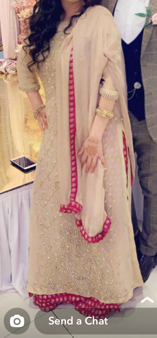 Preloved Stunning Champagne/Beige Pakistani Indian Heavily Embellished Formal Suit