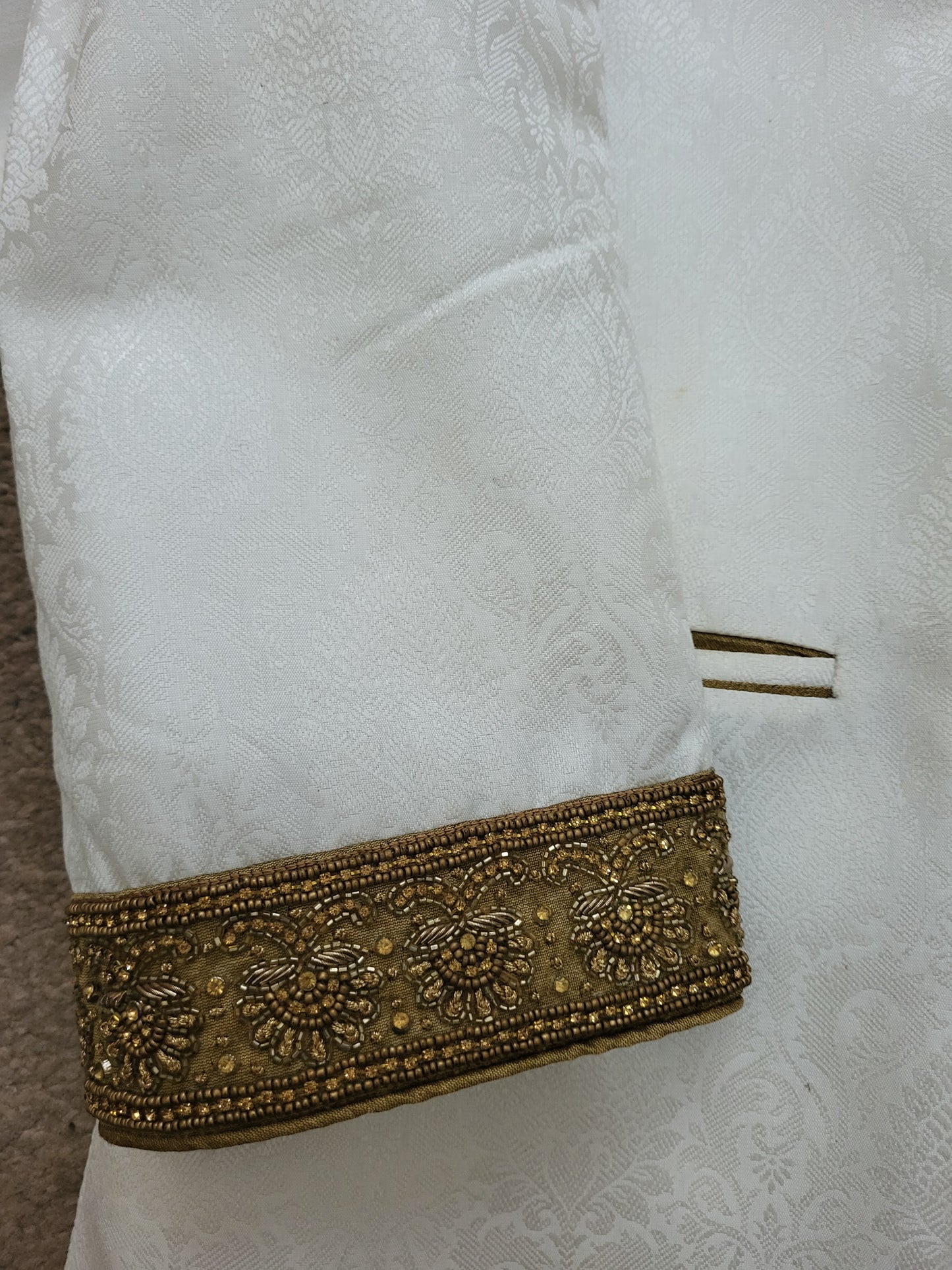 Mens White and Gold Jacquard Embellished Sherwani Cutom Made