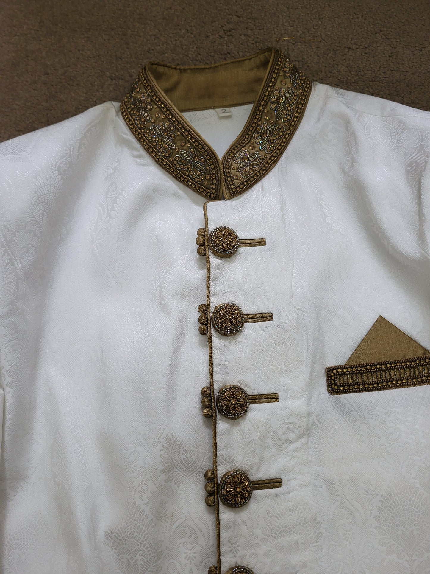 Mens White and Gold Jacquard Embellished Sherwani Cutom Made