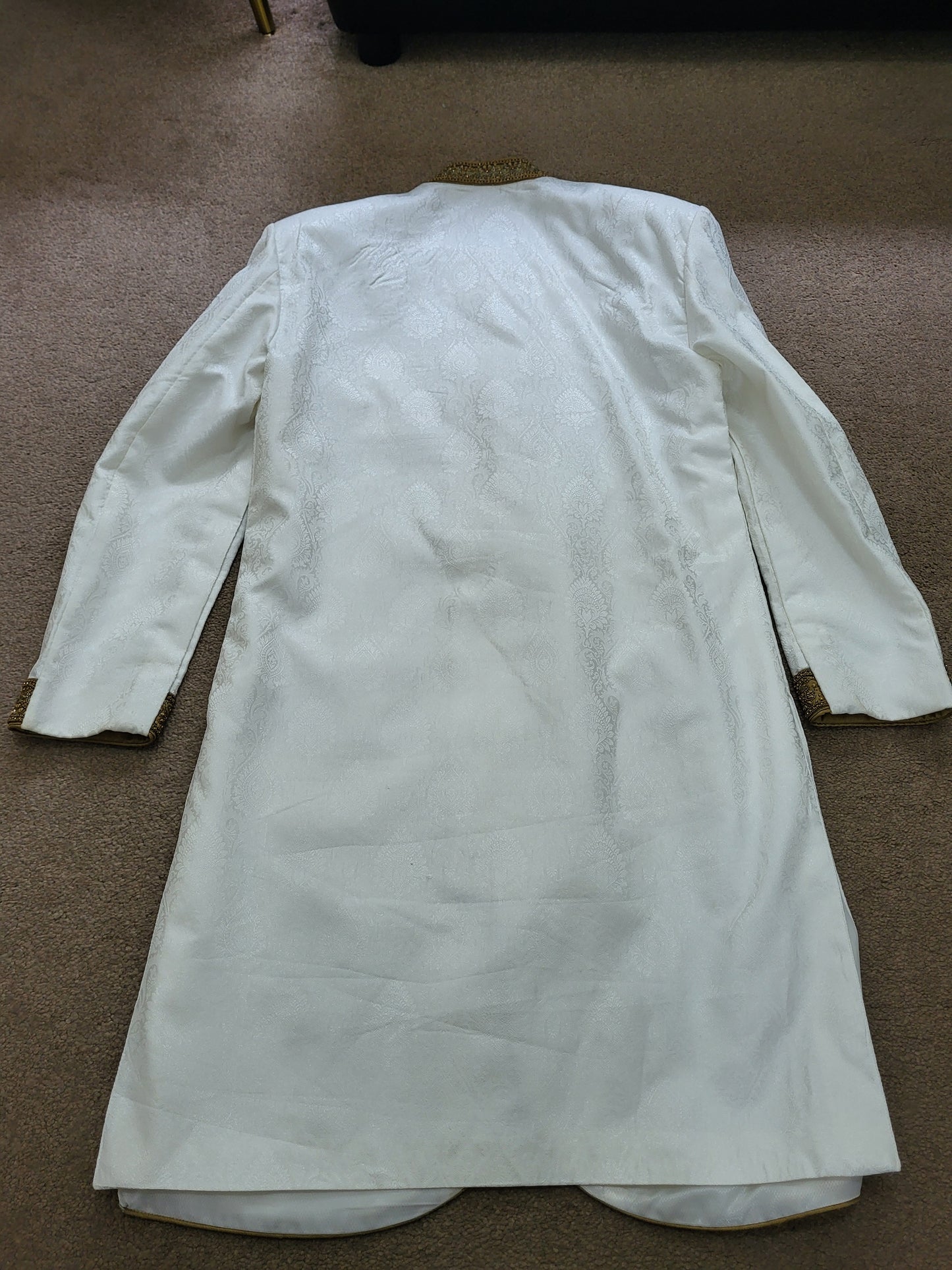 Mens White and Gold Jacquard Embellished Sherwani Cutom Made