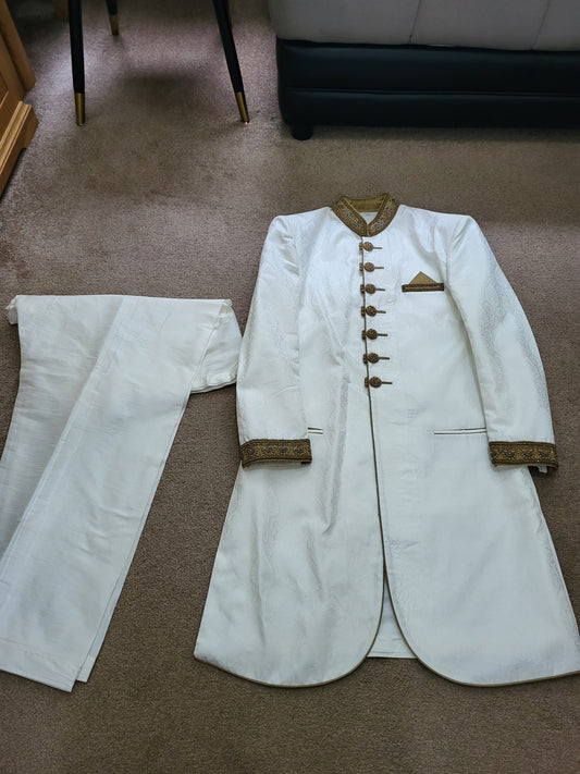 Mens White and Gold Jacquard Embellished Sherwani Cutom Made
