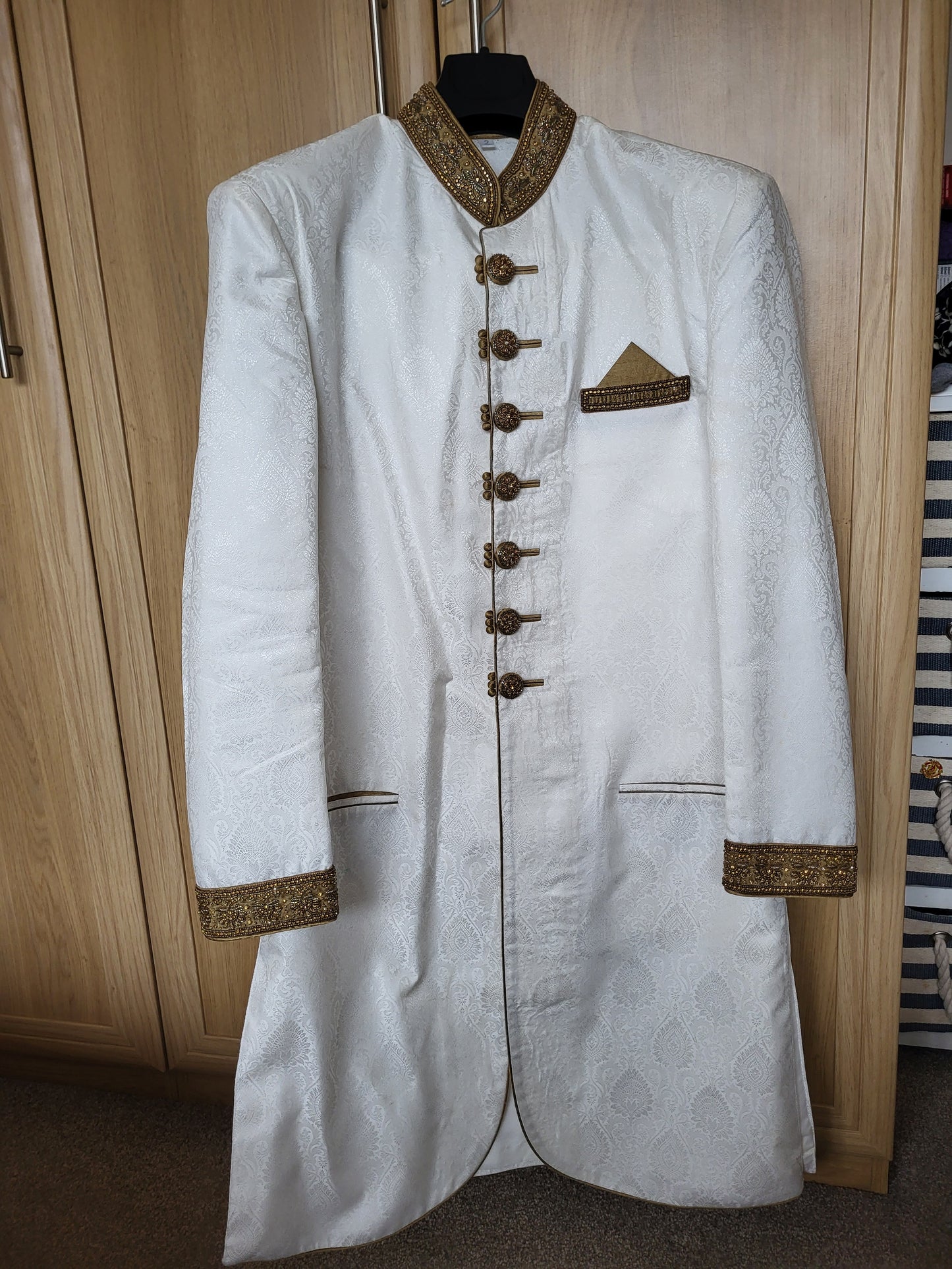 Mens White and Gold Jacquard Embellished Sherwani Cutom Made