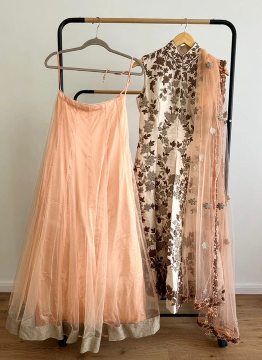 Mongas White & Peach Lehenga