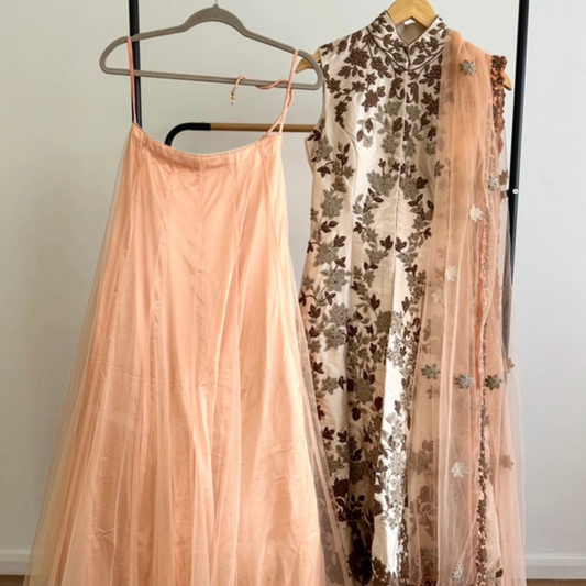Mongas White & Peach Lehenga