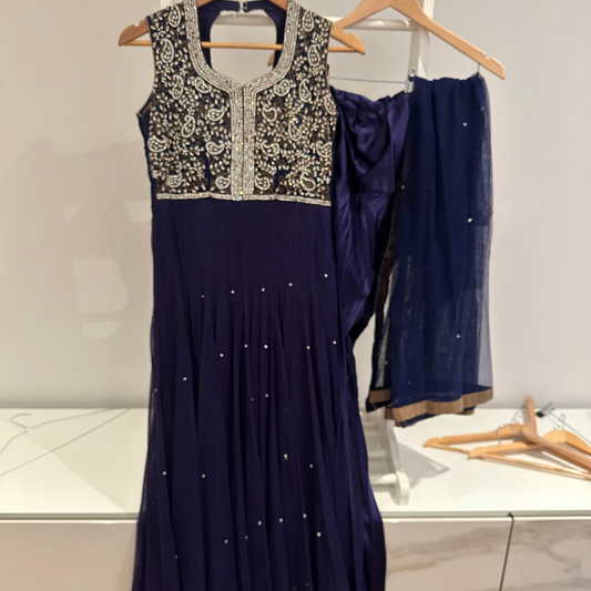 Preloved navy blue anarkali suit 3 piece set