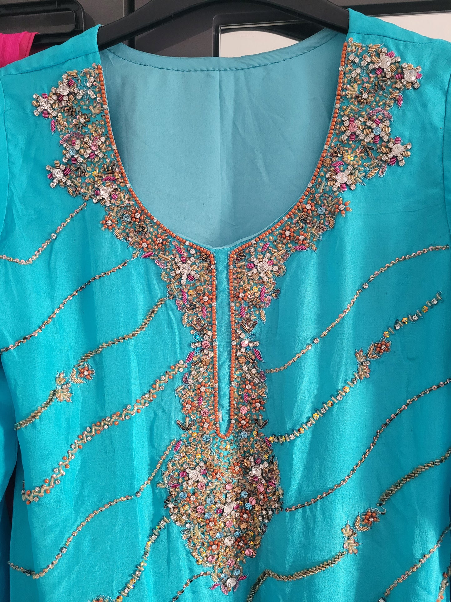 Beautiful turquoise Indian Pakistani embroidered shalwar kameez 3 piece suit