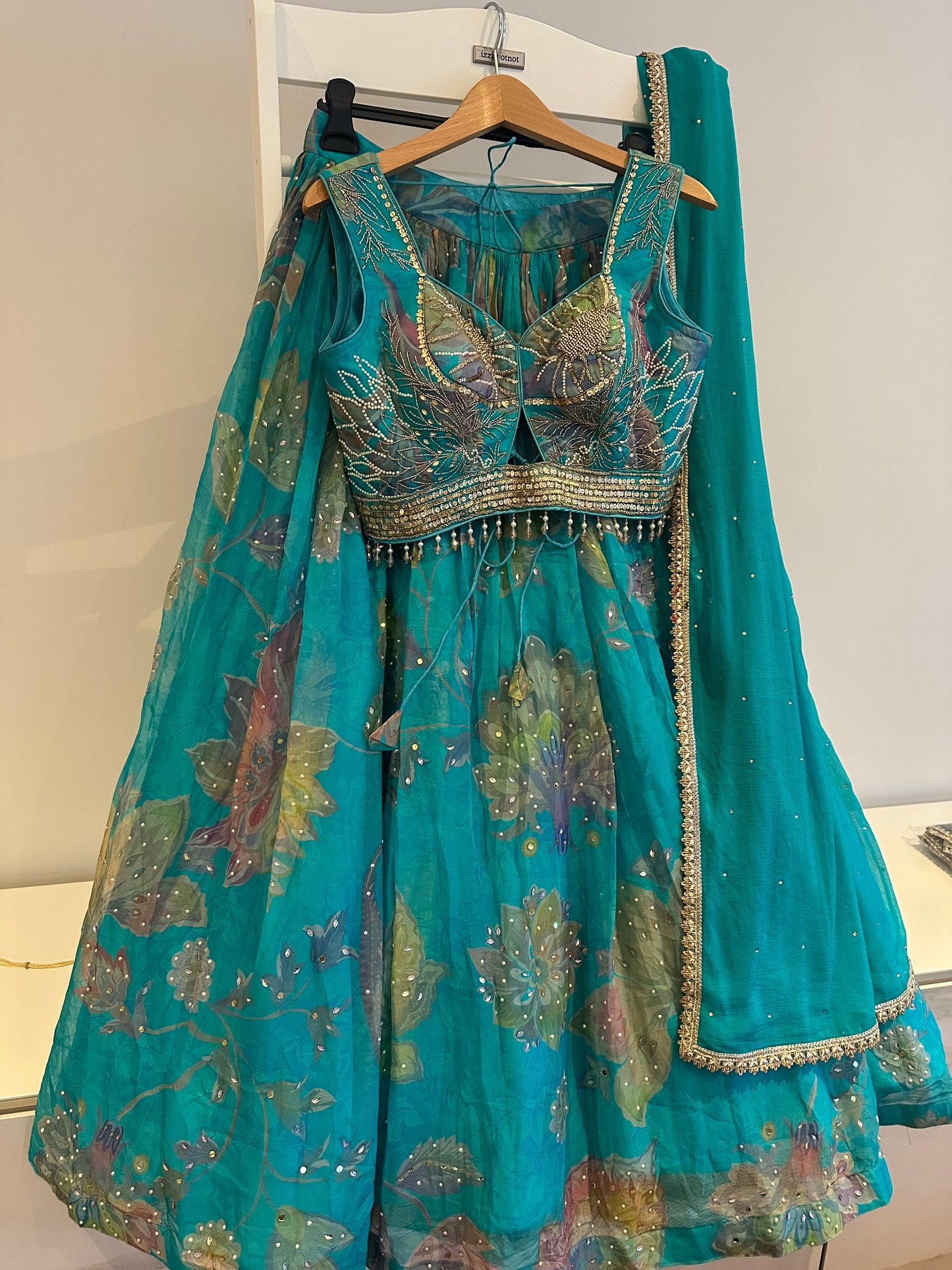 Brand new unworn chiffon turquoise and green lehenga