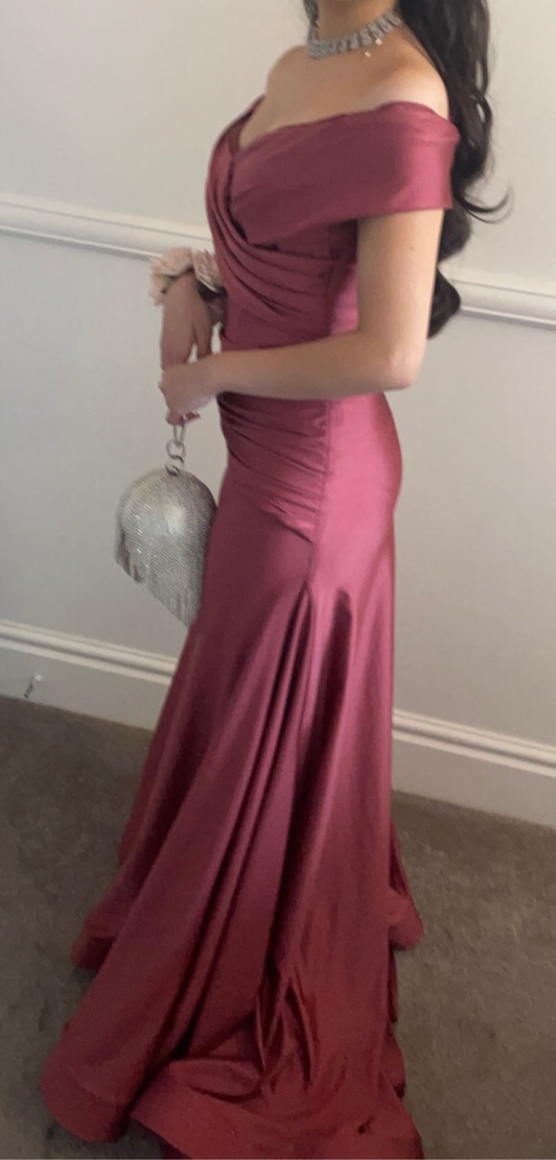 Preloved stunning Off-the-Shoulder Ruched Satin Gown - Size 8