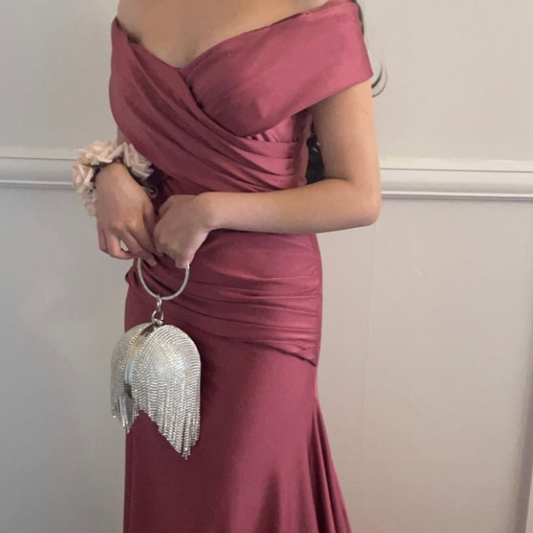 Preloved stunning Off-the-Shoulder Ruched Satin Gown - Size 8