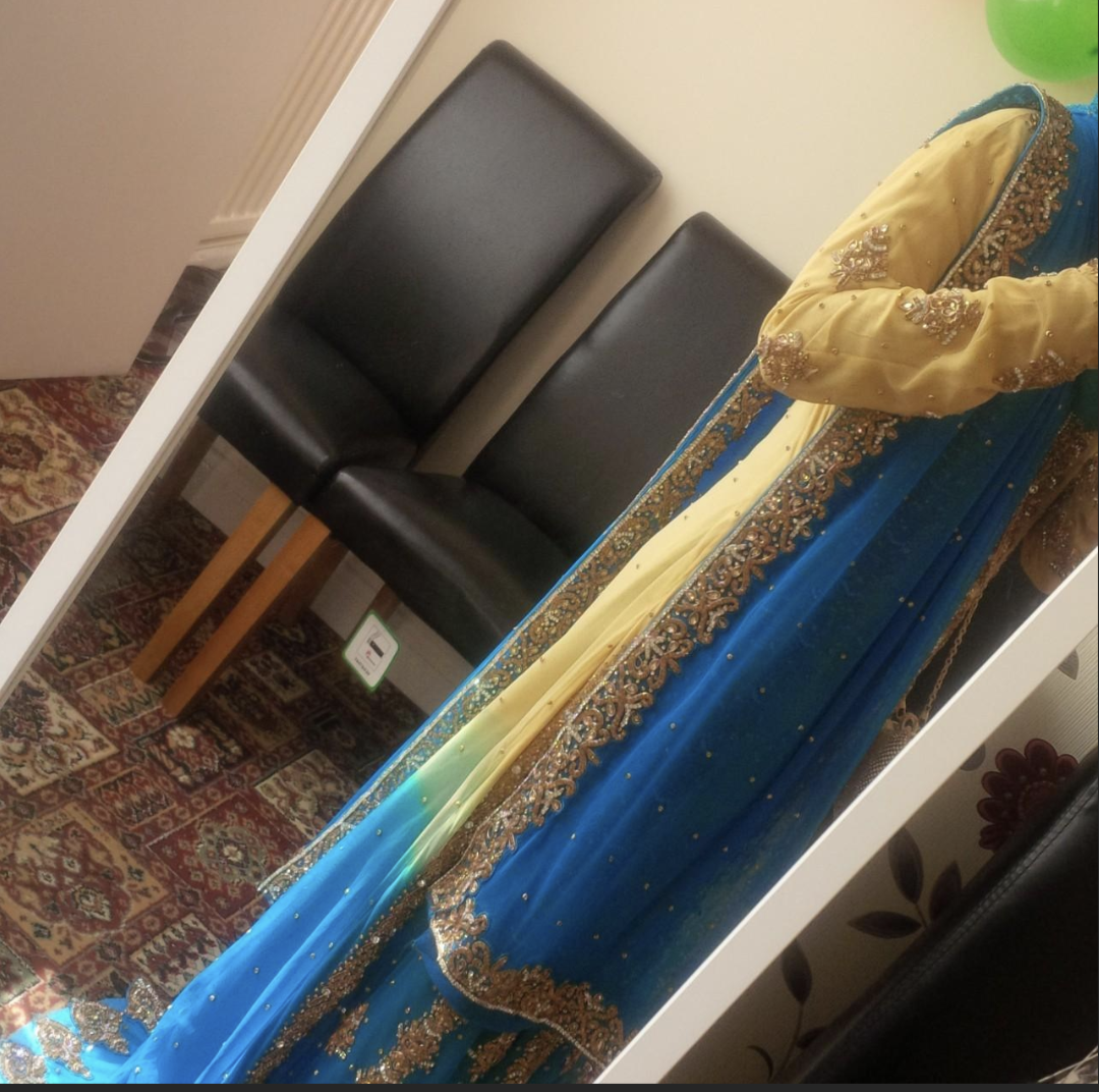 Blue & Gold Dress with Elegant Trail - Asian Wedding Outfit