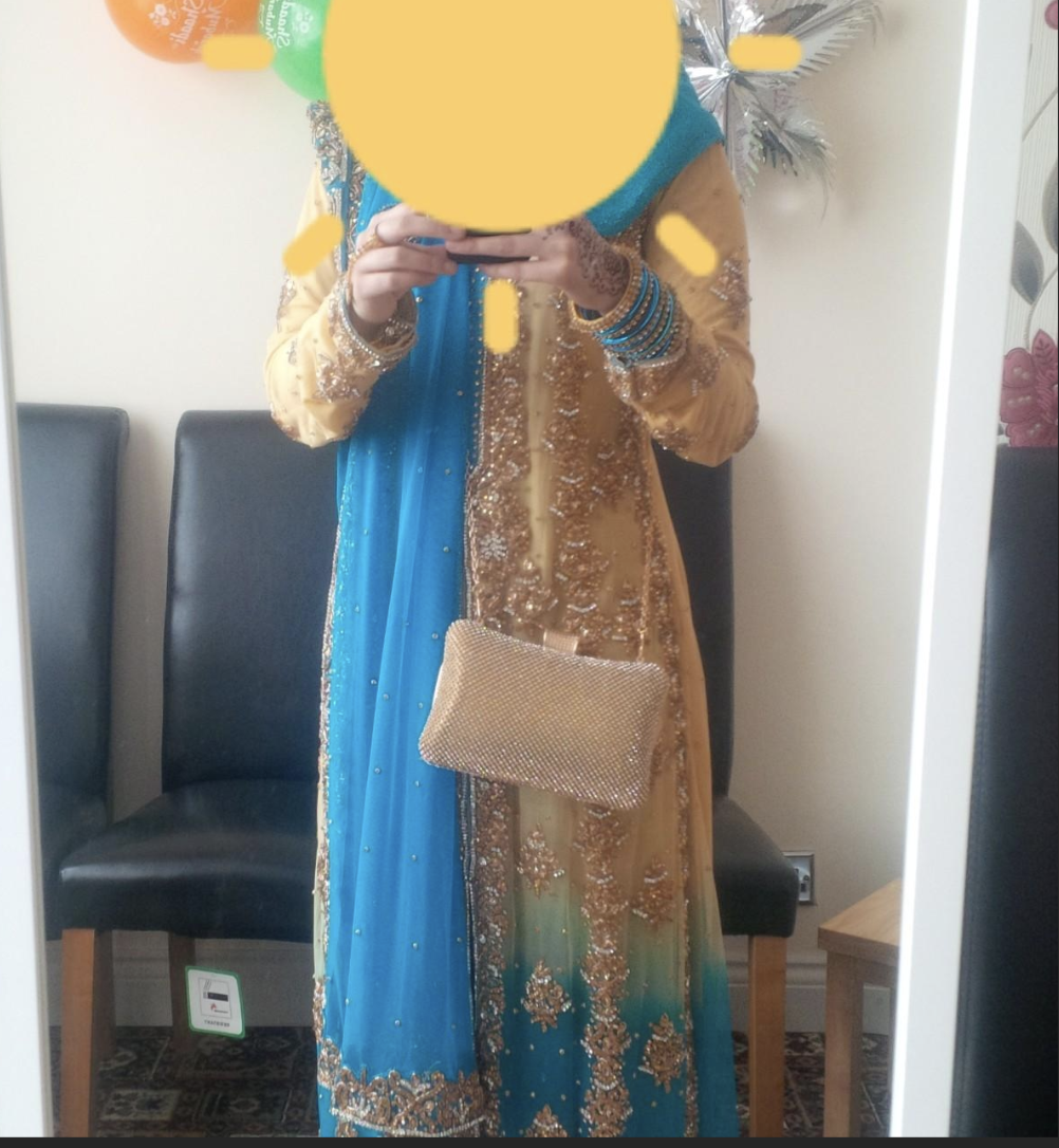 Blue & Gold Dress with Elegant Trail - Asian Wedding Outfit
