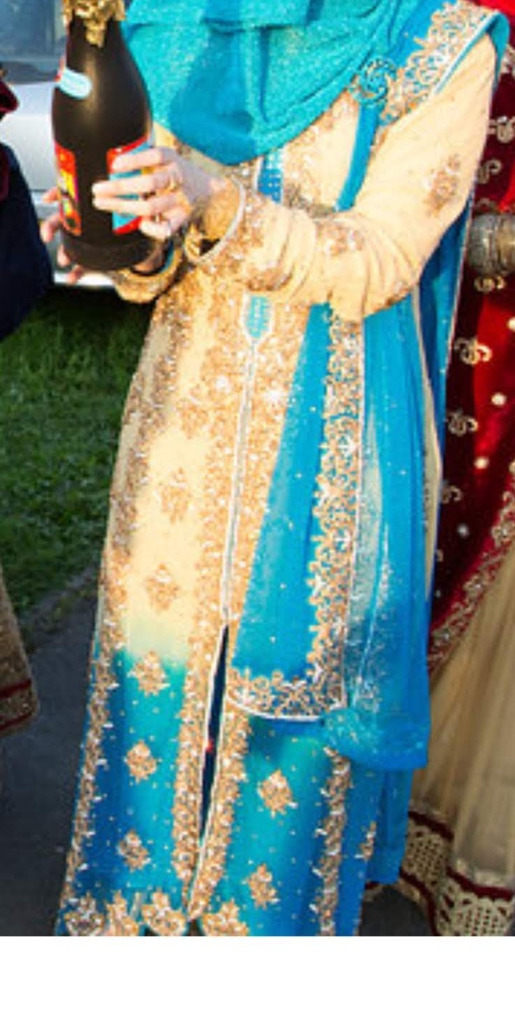 Blue & Gold Dress with Elegant Trail - Asian Wedding Outfit
