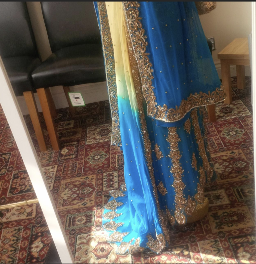 Blue & Gold Dress with Elegant Trail - Asian Wedding Outfit