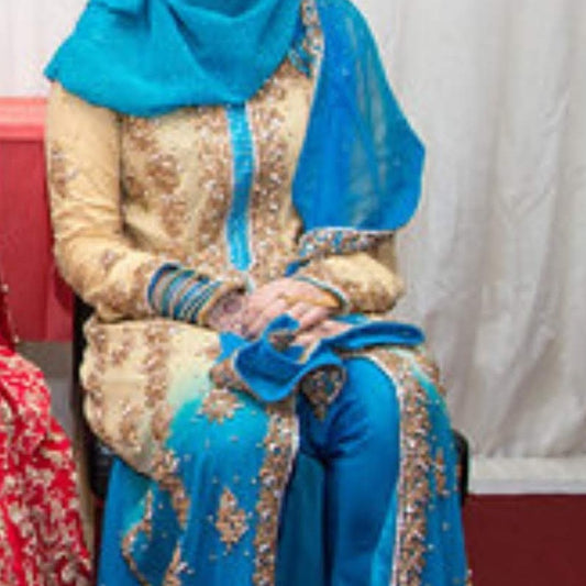 Blue & Gold Dress with Elegant Trail - Asian Wedding Outfit