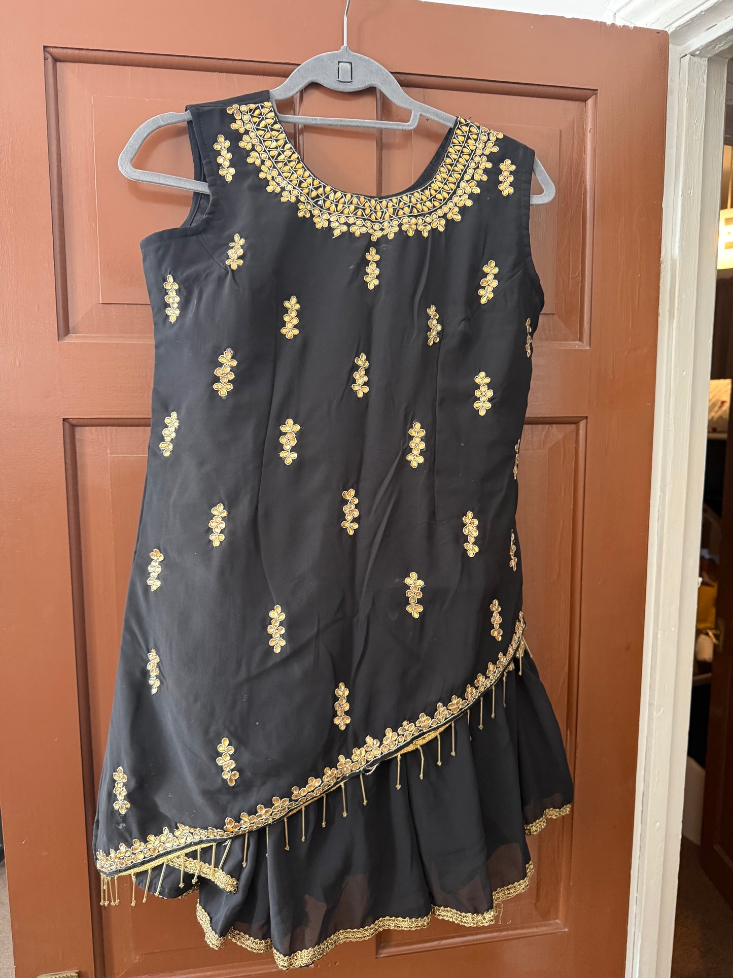 Black & Gold Embroidered Sharara Suit – 3 Piece Outfit with Dupatta