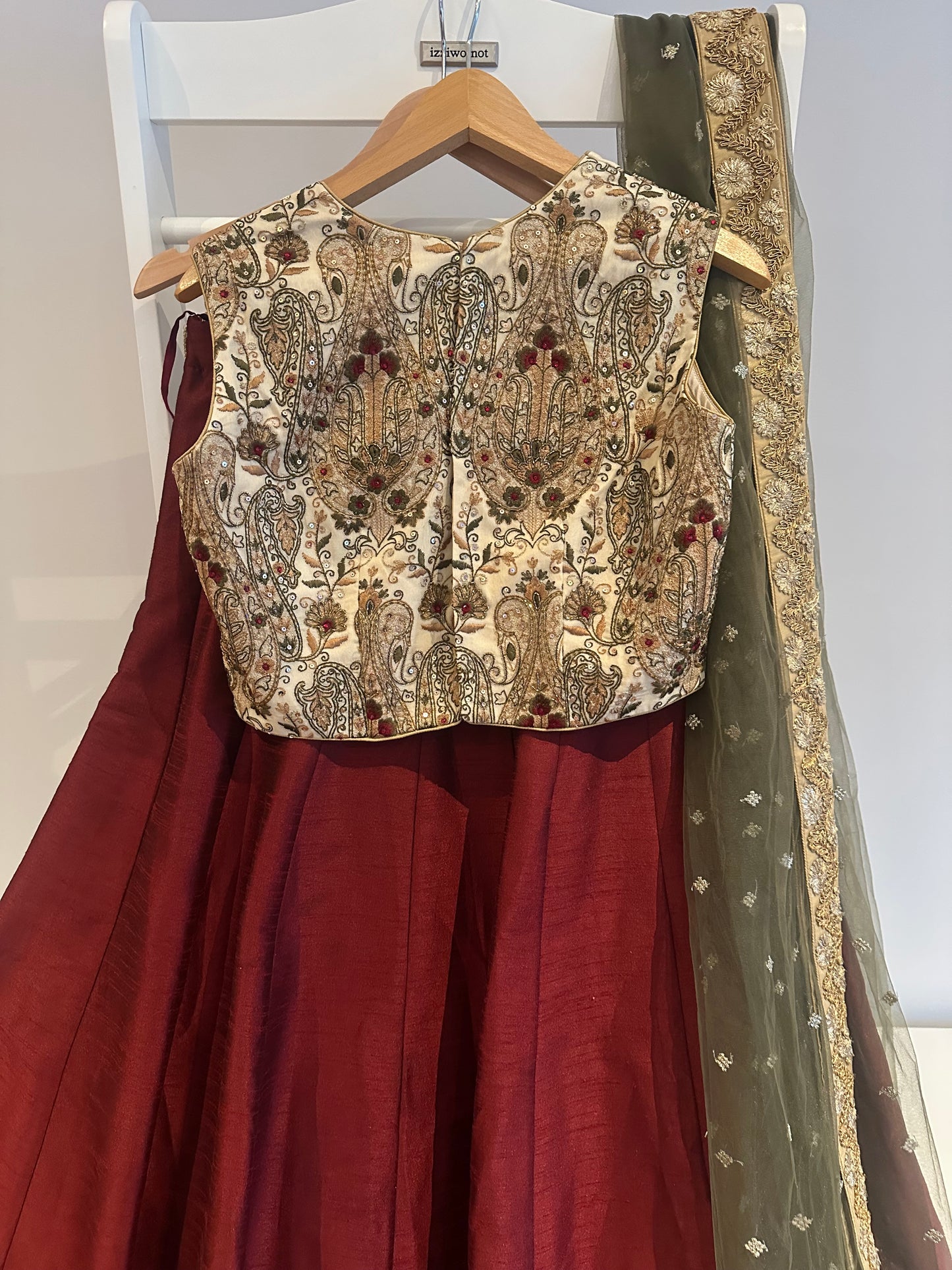 Classic preloved burgundy lehenga with cream embroidered top and cream chunni