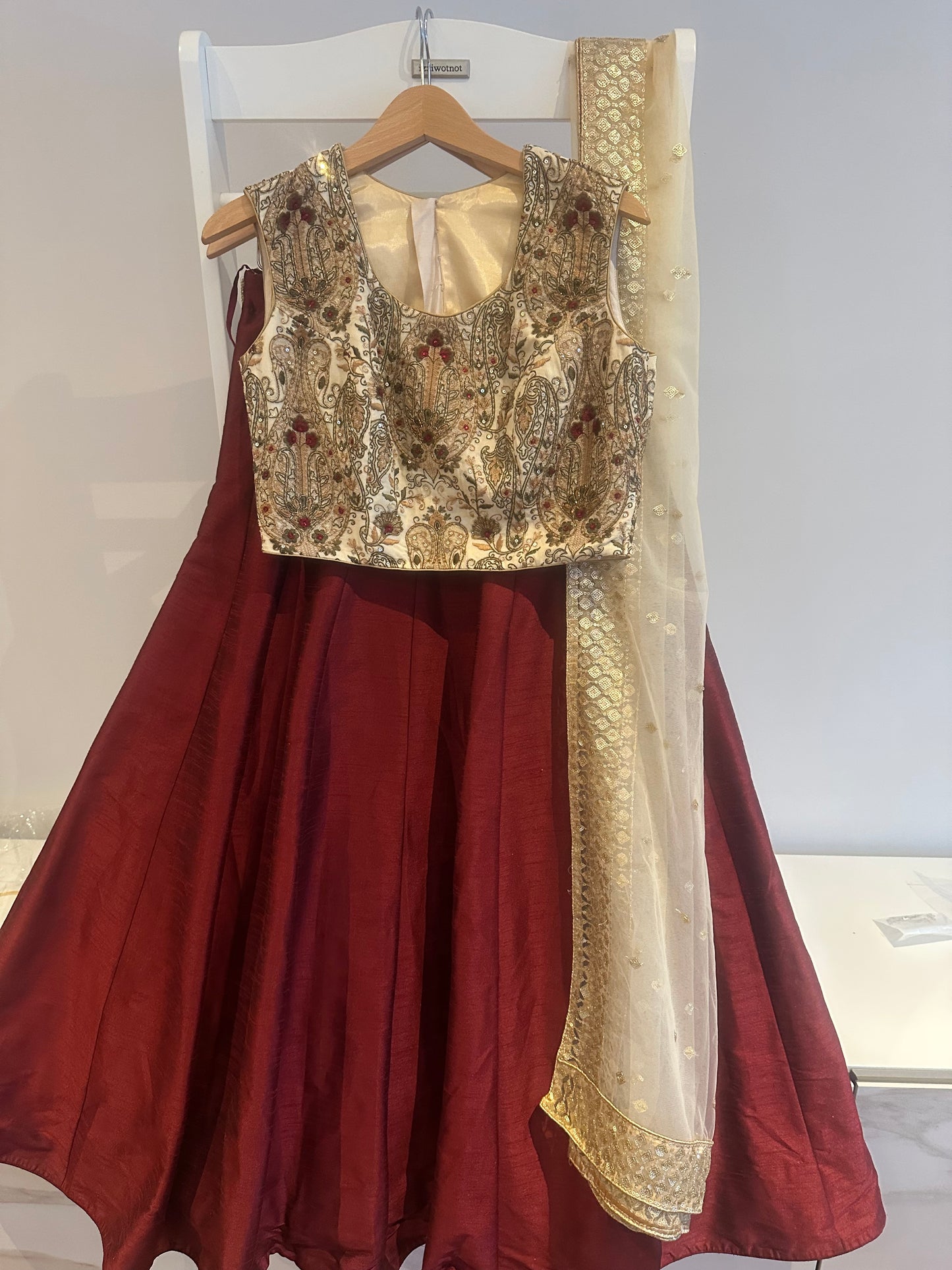 Classic preloved burgundy lehenga with cream embroidered top and cream chunni