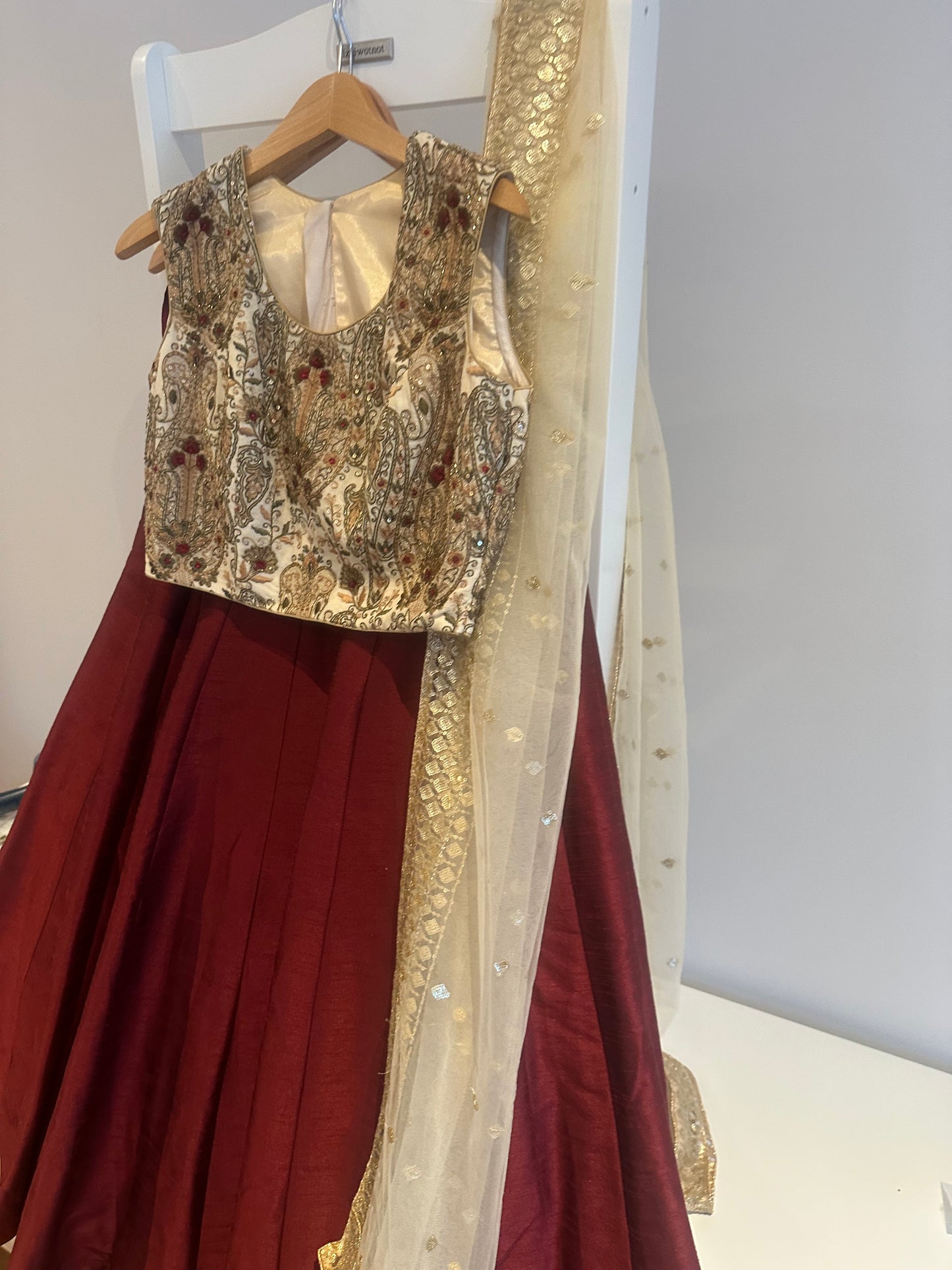 Classic preloved burgundy lehenga with cream embroidered top and cream chunni