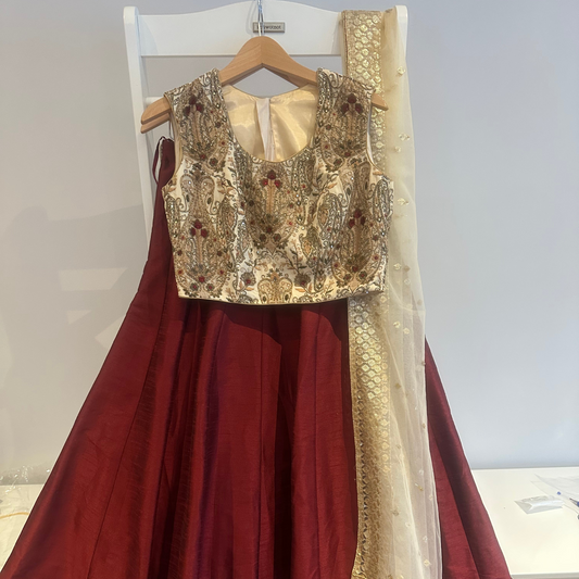 Classic preloved burgundy lehenga with cream embroidered top and cream chunni
