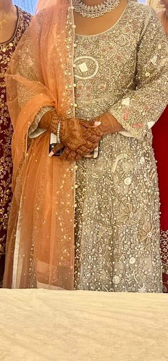 Preloved silver and peach Indian wedding dress with trail