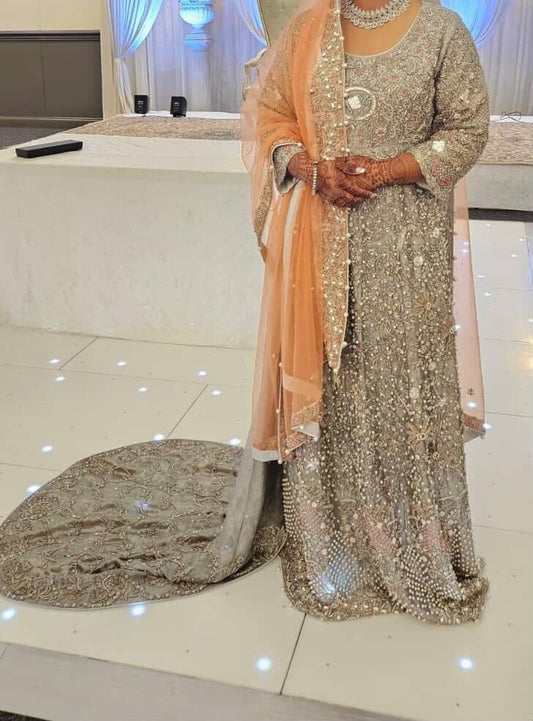 Preloved silver and peach Indian wedding dress with trail